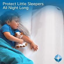 White padded bed bumper protecting a toddler on the side of the mattress