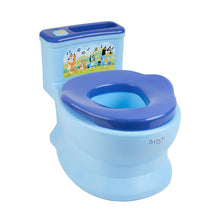 Light blue 2-in-1 potty trainer with dark blue removable seat and Bluey character panel