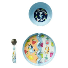 Cartoon divided suction plate with matching spoon, light blue