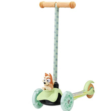 3-wheel toddler kick scooter with light green wheels and green platform, 3D dog figure