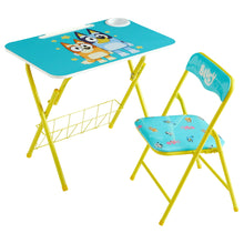 Kids activity desk set with turquoise tabletop and yellow folding chair
