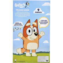 Talking Bingo plush on blue package card, orange dog with white muzzle and belly