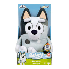 Talking muffin plush toy in retail box, gray and black character with “Try me” badge
