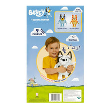 Talking muffin plush toy package back, includes child holding plush and phrase icons