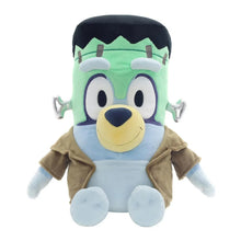 Bluey Halloween jumbo plush with green monster head and blue body, tan shirt, plush arms