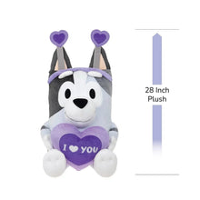 Jumbo plush dog with purple heart and “I love you” patch, centered, plush ears with hearts