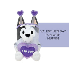 Jumbo plush dog with purple heart and “I love you” patch, sitting upright, front view