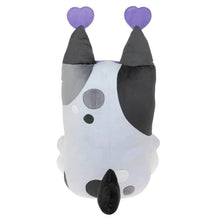 Jumbo valentine plush dog with purple heart ear accents and spotted gray-and-white fur