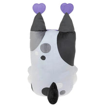 Jumbo plush dog with two purple heart ear tips, white belly with black spots, back view