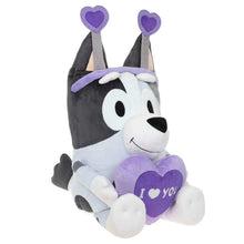 Jumbo valentine plush dog with purple hearts and purple “I love you” heart cushion