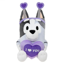 Jumbo plush dog with purple heart and “I love you” patch, lavender accents, front view