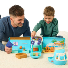 Bluey transforming plane playset with figures, open play case, and two children