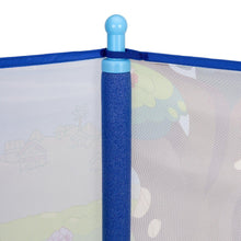 Kids trampoline frame post with blue foam cap and vertical pole connector