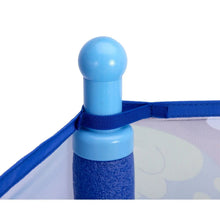 Kids trampoline frame post with blue foam cap on mesh net border