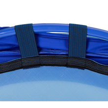 Kids trampoline inner rim with black mesh straps and blue fabric edge