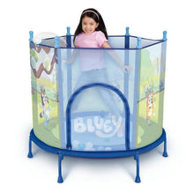 Kids trampoline with Bluey front arch, child playing inside