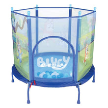 Kids trampoline enclosure with Bluey graphic front panel and soft play balls inside