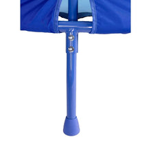 Kids trampoline frame corner joint with blue support legs and metal hardware