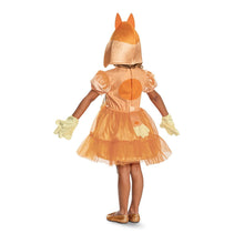 Back view of toddler tutu costume with orange skirt, gold hood, matching gloves