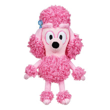 Pink plush character with curly fur, smiling face, and blue bow detail