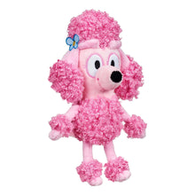 Pink curly-haired plush character with big eyes and floppy hands