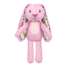 Pink bunny plush with long striped ears and stitched heart-shaped nose