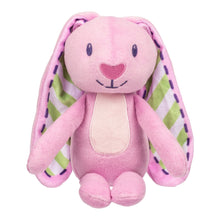 Pink bunny plush with long striped ears, embroidered eyes, and small smile