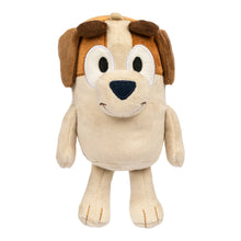 Tan plush character with brown ears, white muzzle, and friendly expression