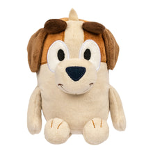 Tan plush character with brown floppy ears, white face, and small stitched smile