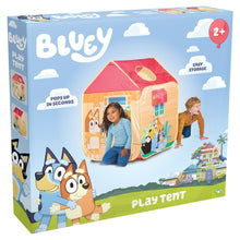 Kids play tent packaging box showing Bluey tent and child inside, easy storage label