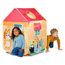 Kids pop-up play tent with house graphics, red roof, front door opening and side opening