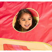 Children's play tent panel with oval viewing window, red fabric and beige trim