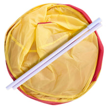 Pop-up play tent frame with yellow fabric and purple support rod, folded for storage