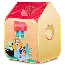 Kids play tent with house mural and large side entrance, red roof and oval window