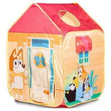Play tent with colorful house print, pop-up dome door and oval window opening