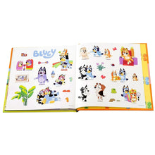 Hardcover storybook open spread with Bluey character scenes on both pages