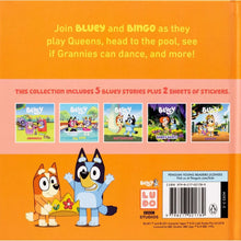 Hardcover storybook collection back cover with character art and sticker info
