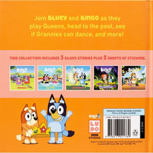 Hardcover storybook back cover with Bluey character illustrations and story listing