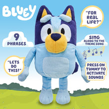 Bluey talking plush dog, light blue body with navy ears and yellow muzzle