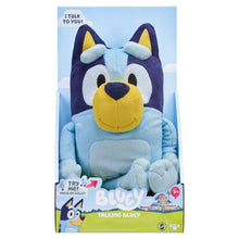 Bluey talking plush in retail box, light blue dog with navy ears and yellow muzzle