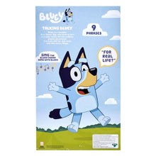 Bluey talking plush in box, light blue dog with navy ears and yellow face