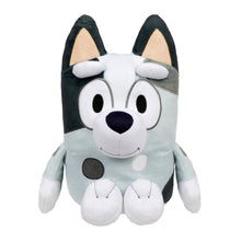 Gray and black talking muffin plush toy close-up, white muzzle and round black nose
