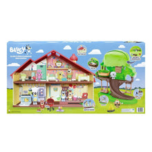 Bluey mega playset box with red-roof house and green tree playset display