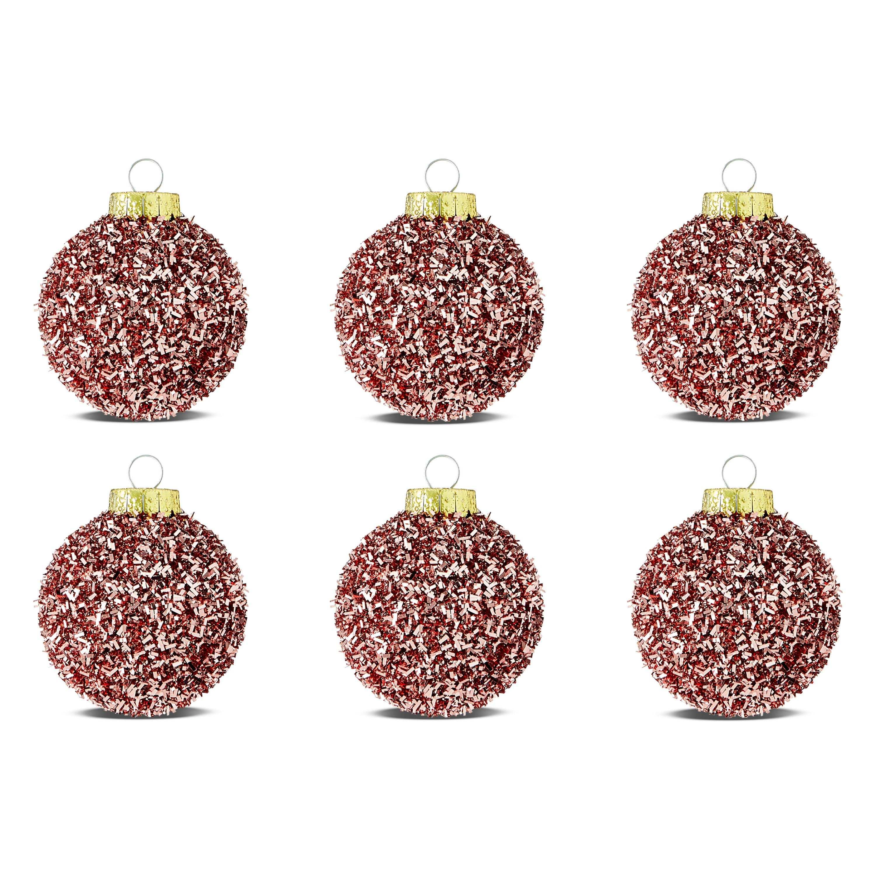 Blush Pink Tinsel Ball Christmas Ornaments, 2.5", 6 Count, by Holiday Time - USA MEGA SHOP