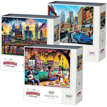 Jigsaw puzzle box with three-panel artwork of city street scenes and skyline
