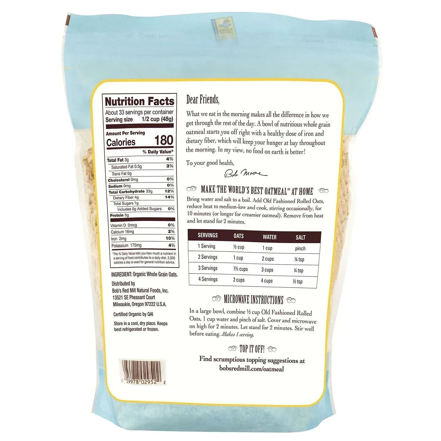 Bob's Red Mill Organic Old Fashioned Rolled Oats, 56 oz.