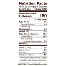Nutrition Facts close-up for organic rolled oats with calories and ingredients