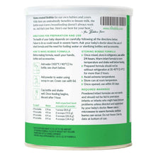 Bobbie organic infant formula can, back label with directions and warnings