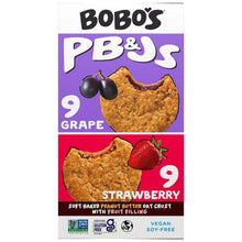 Bobo's PB&J oat snack variety pack box front with grape and strawberry fruit icons