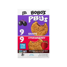 Bobo's PB&J oat snack variety pack box front with grape and strawberry highlights